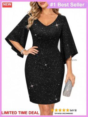 V Neck Sequin Bodycon Cocktail Party Dress 3/4 Sleeve